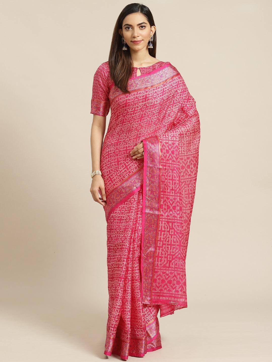 Pink Printed Linen Saree