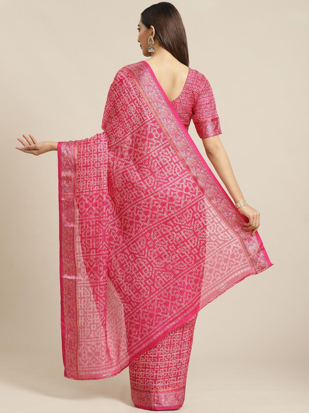 Pink Printed Linen Saree