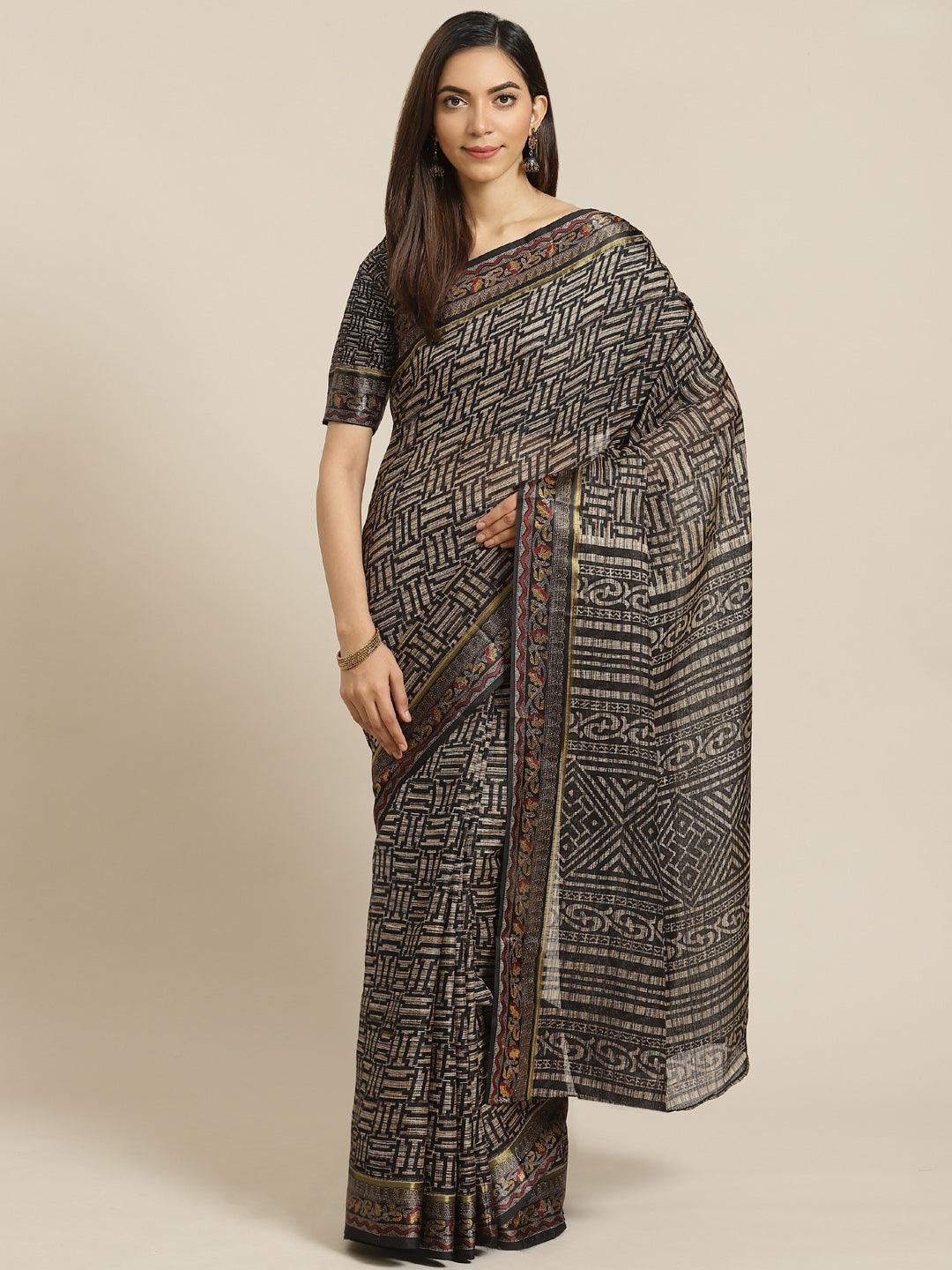 Black Printed Cotton Saree - ShopLibas