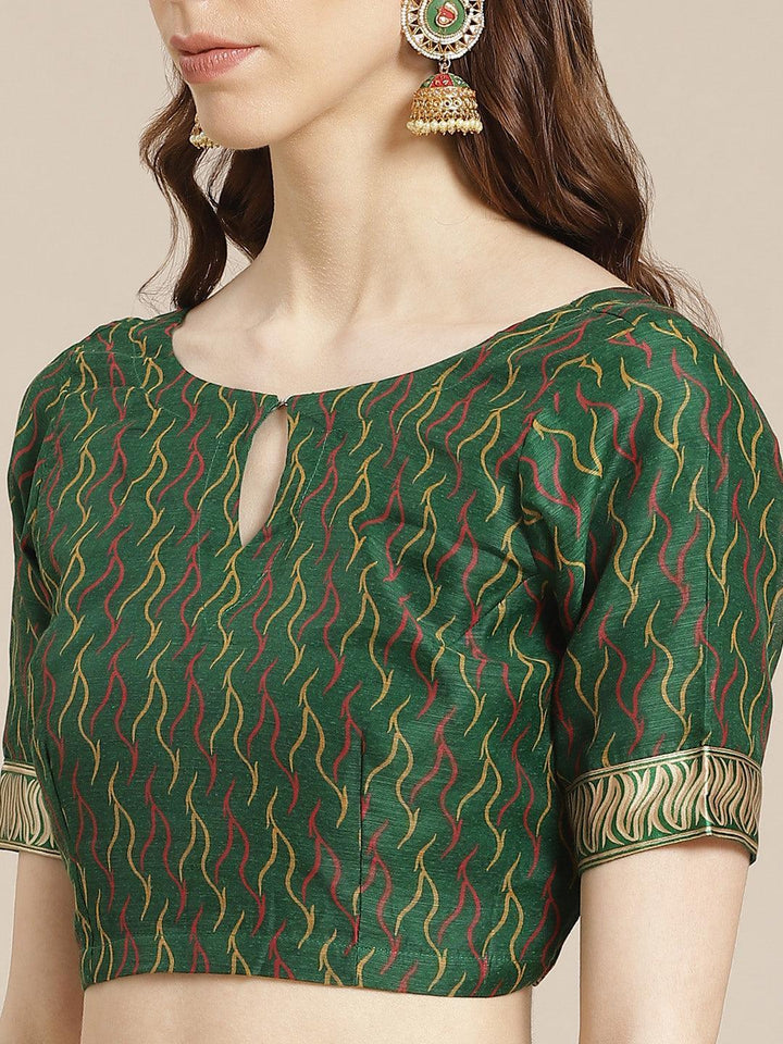 Green Printed Cotton Saree - ShopLibas