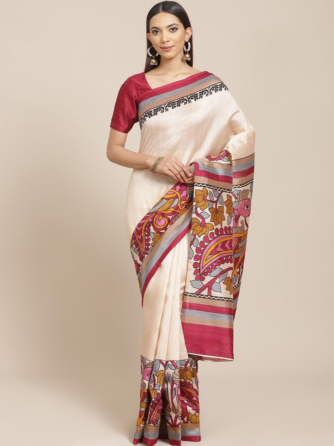 Beige Printed Silk Blend Saree - ShopLibas