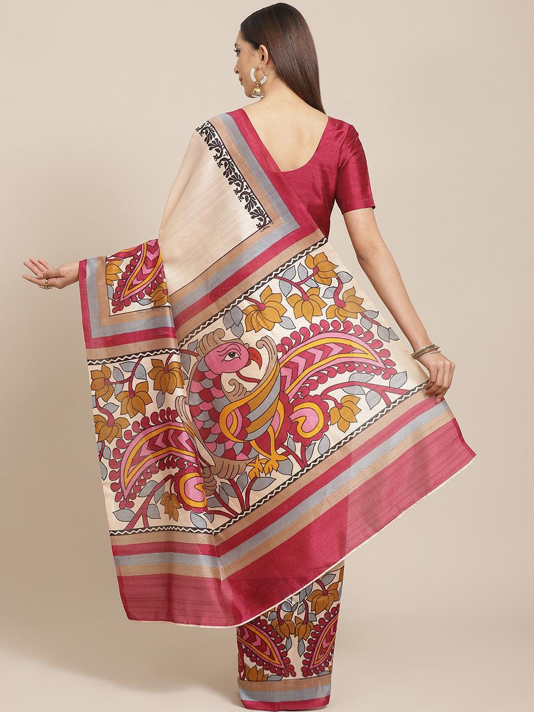 Beige Printed Silk Blend Saree - ShopLibas