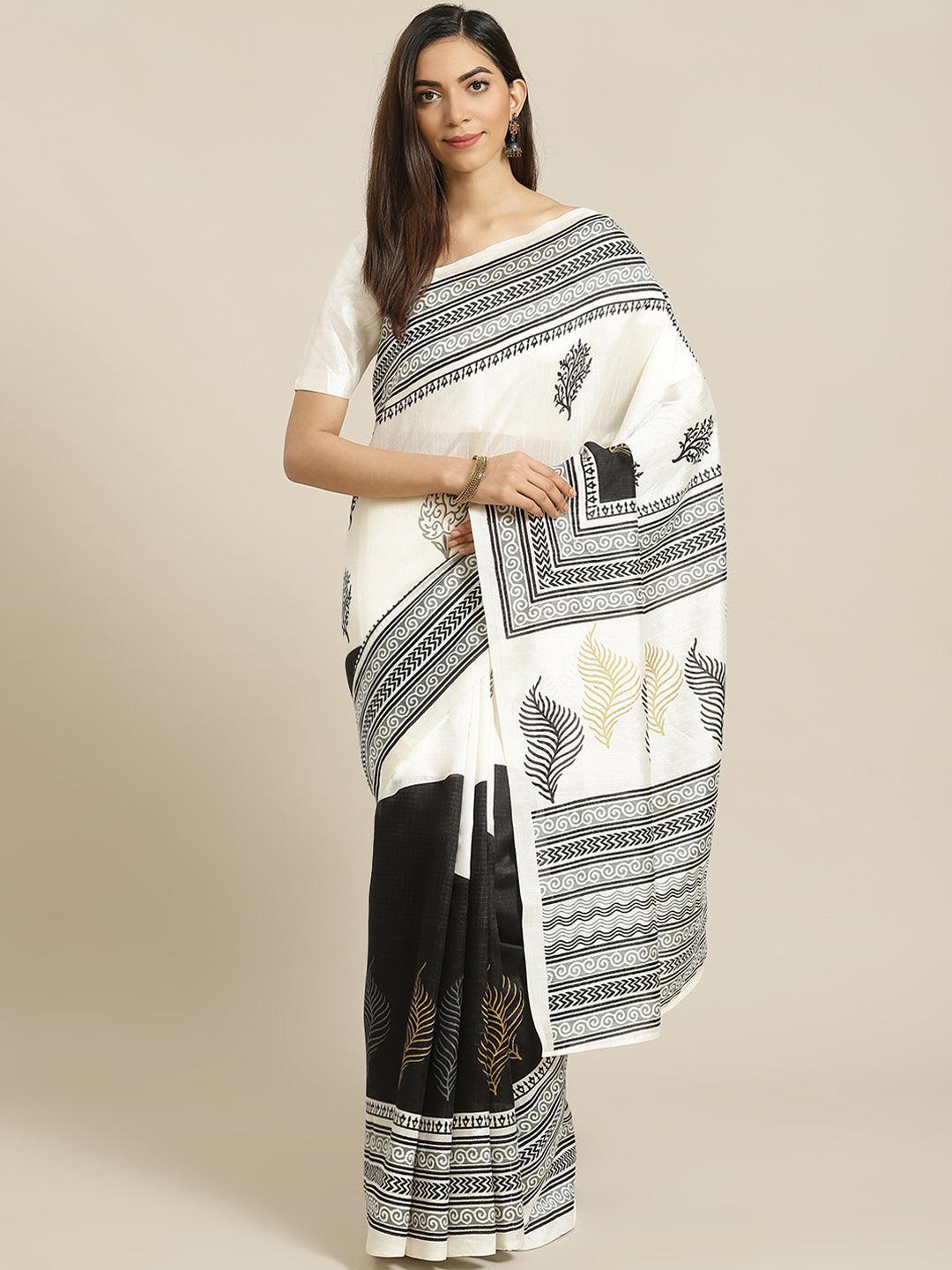 Cream Printed Cotton Saree - ShopLibas