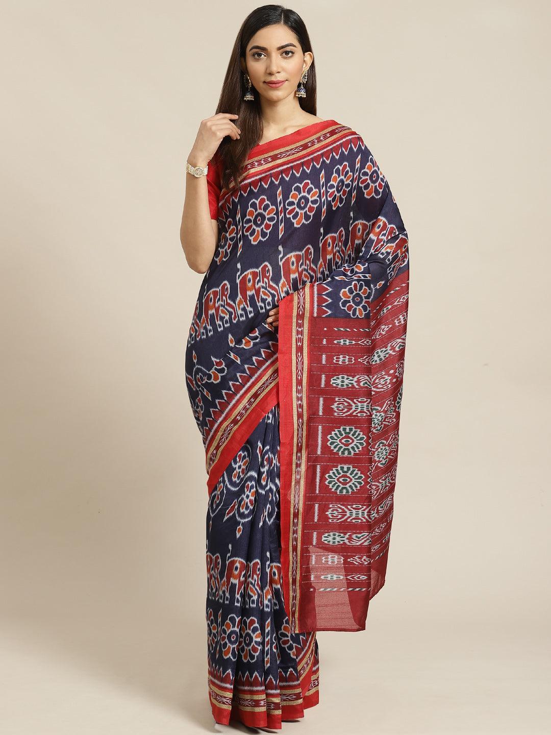 Blue Printed Cotton Saree - ShopLibas