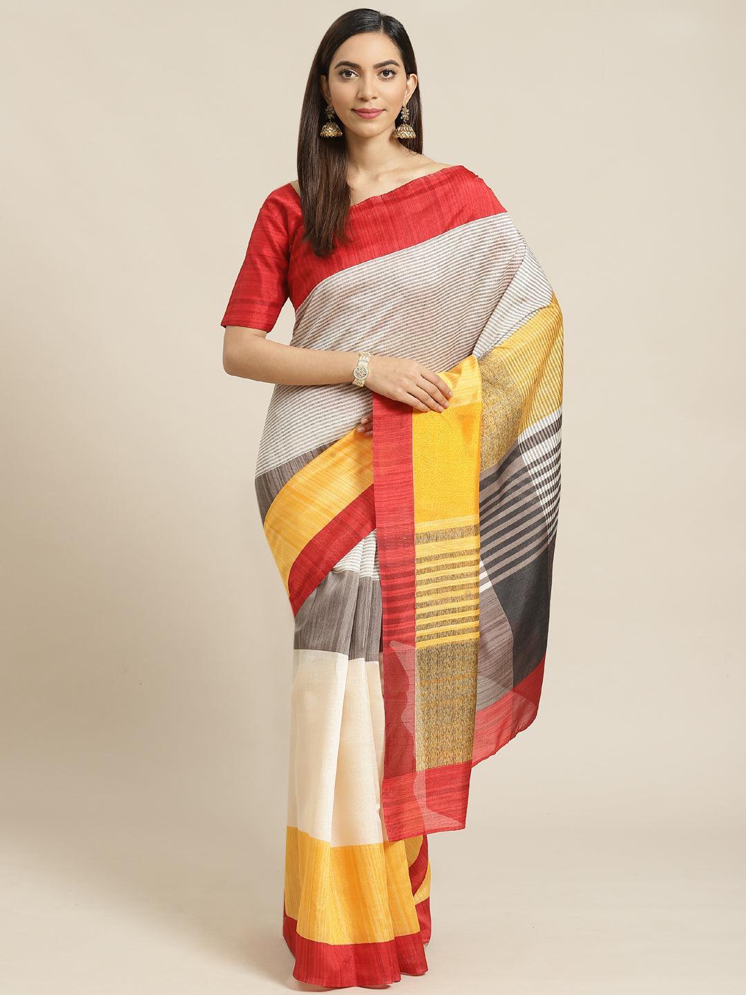 Multicoloured Striped Linen Saree