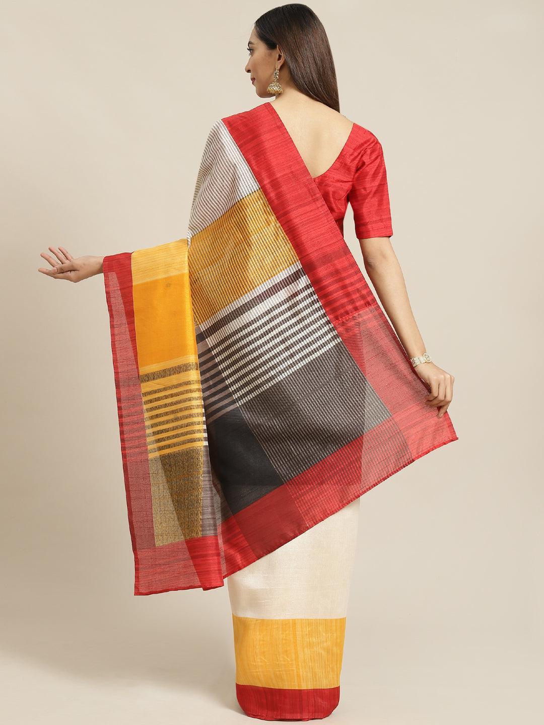 Multicoloured Striped Linen Saree - ShopLibas