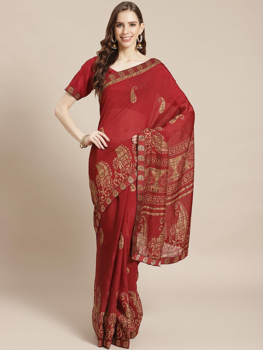 Maroon Printed Chiffon Saree - ShopLibas