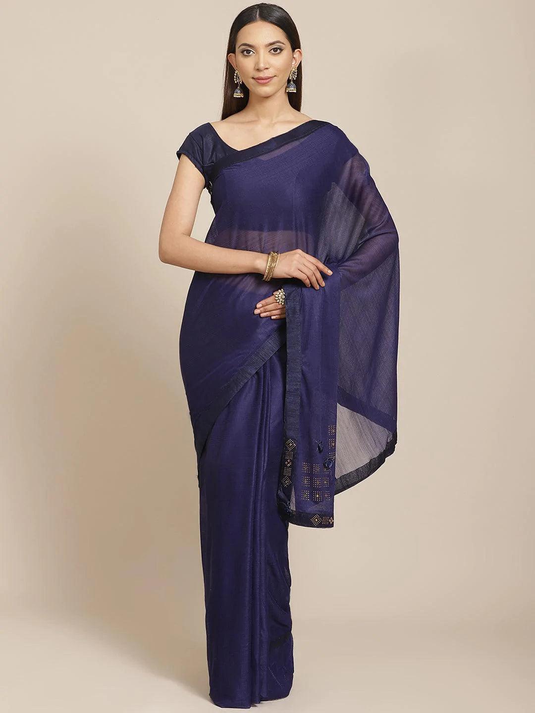 Navy Blue Solid Chiffon Saree