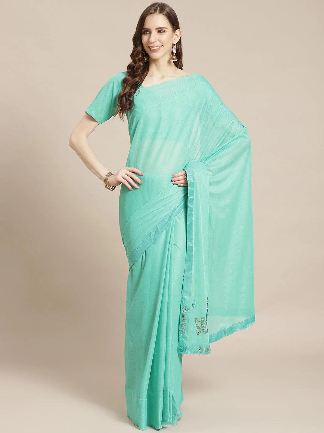 Sea Green Solid Polyester Saree