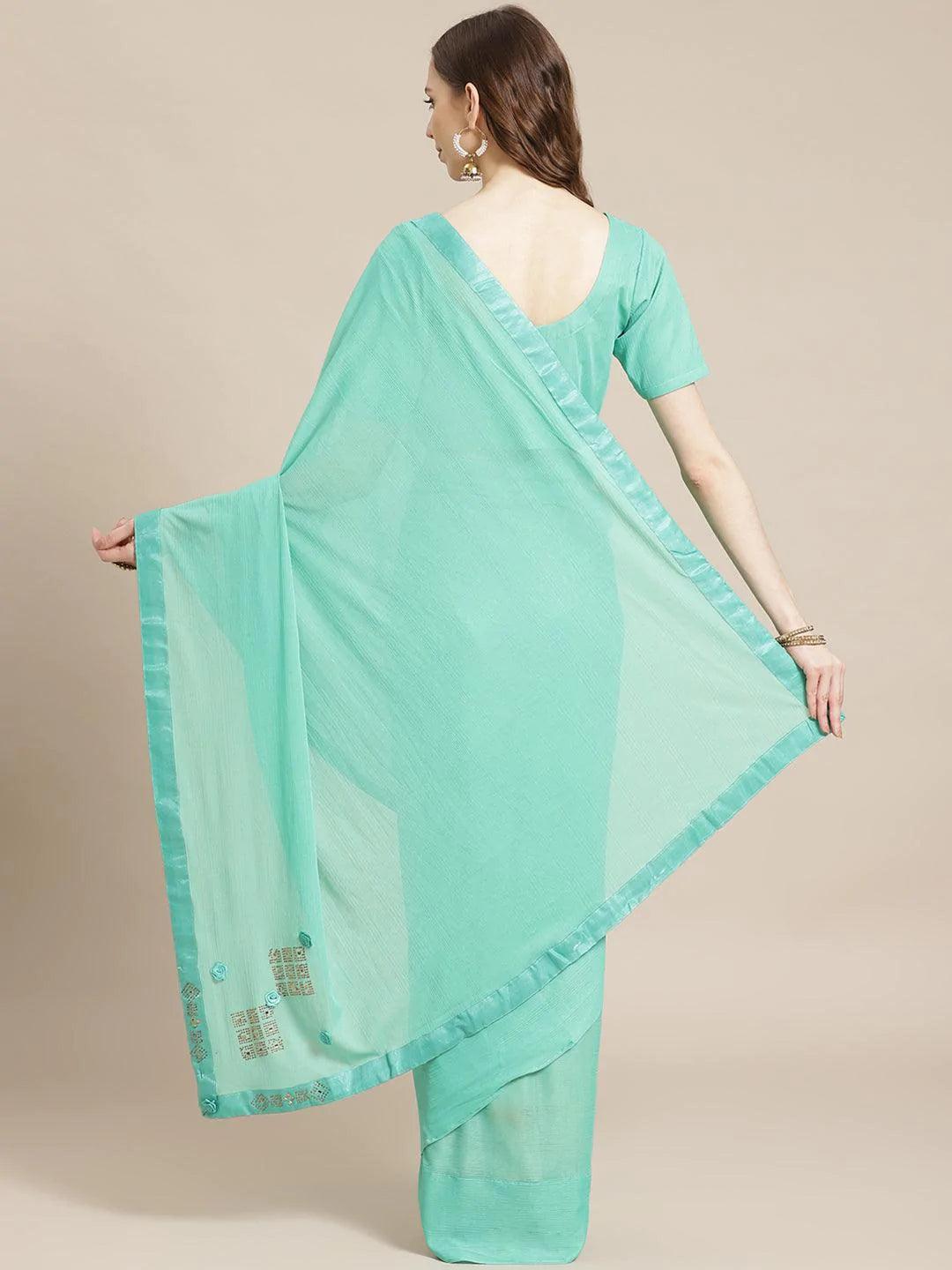 Sea Green Solid Polyester Saree - ShopLibas