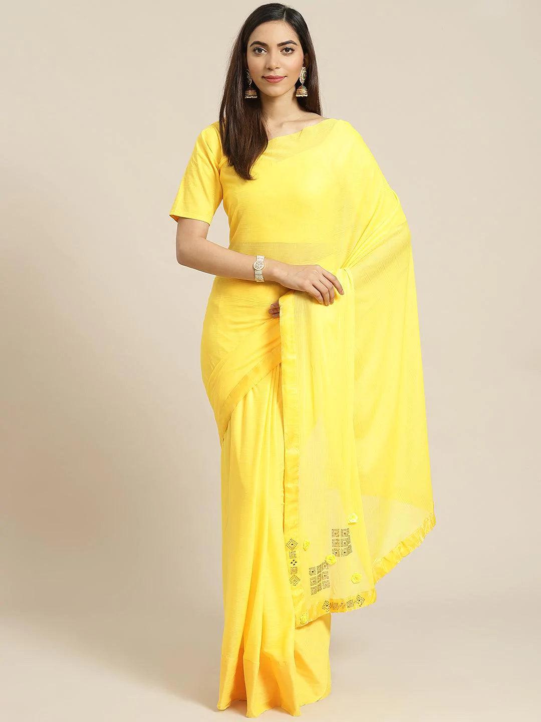 Yellow Solid Polyester Saree - ShopLibas