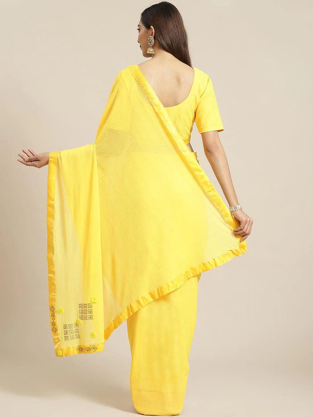 Yellow Solid Polyester Saree - ShopLibas