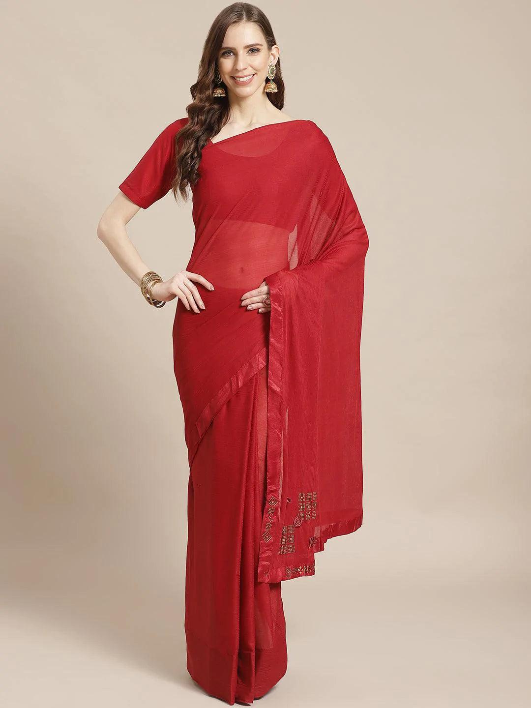 Maroon Solid Polyester Saree