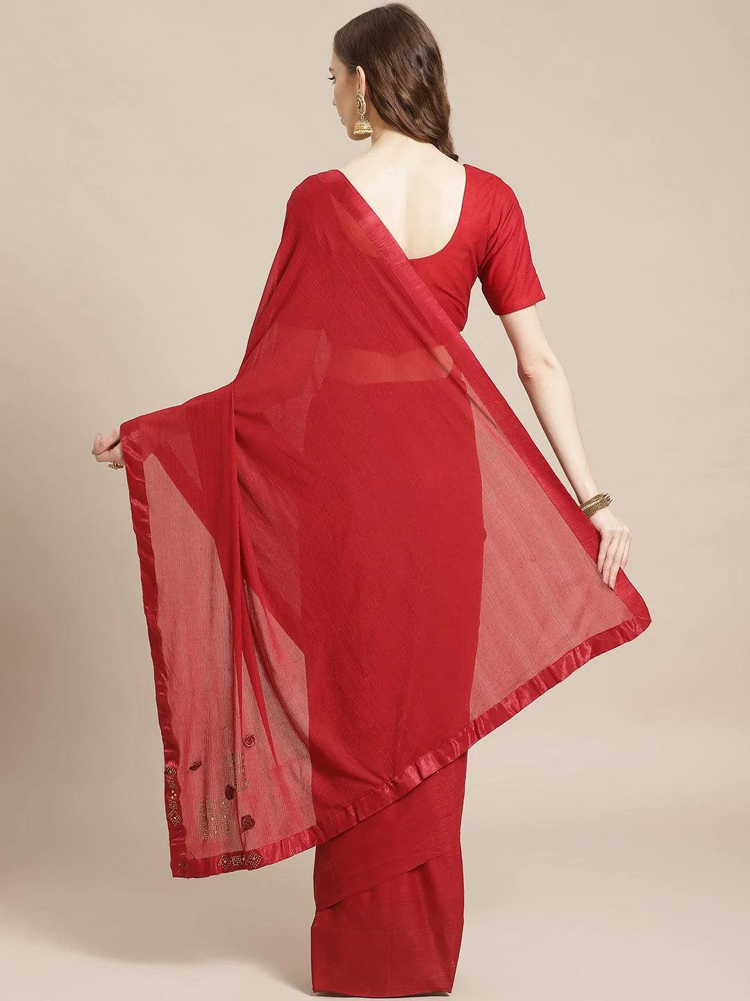 Maroon Solid Polyester Saree