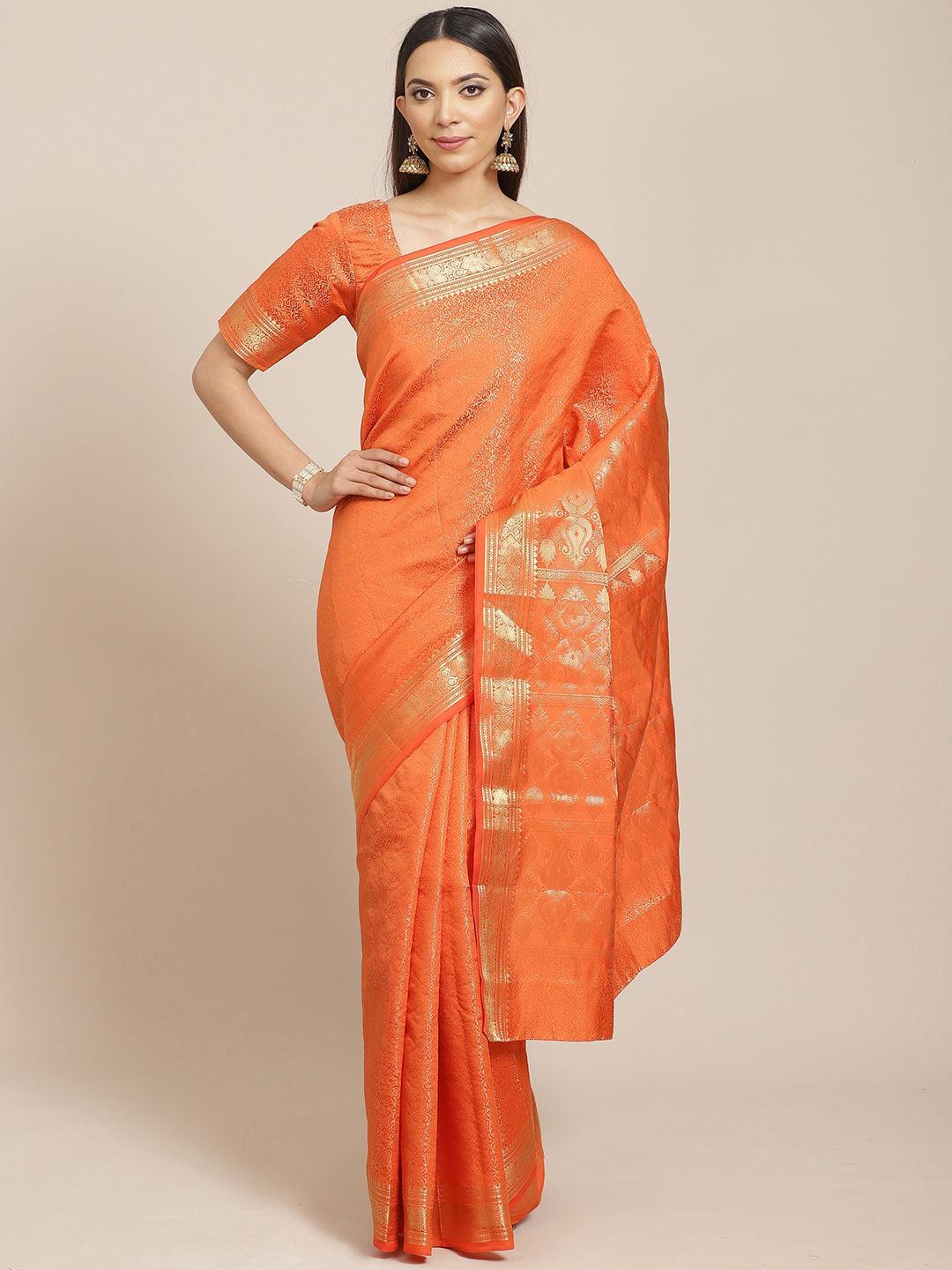 Orange Woven Design Brocade Saree - ShopLibas