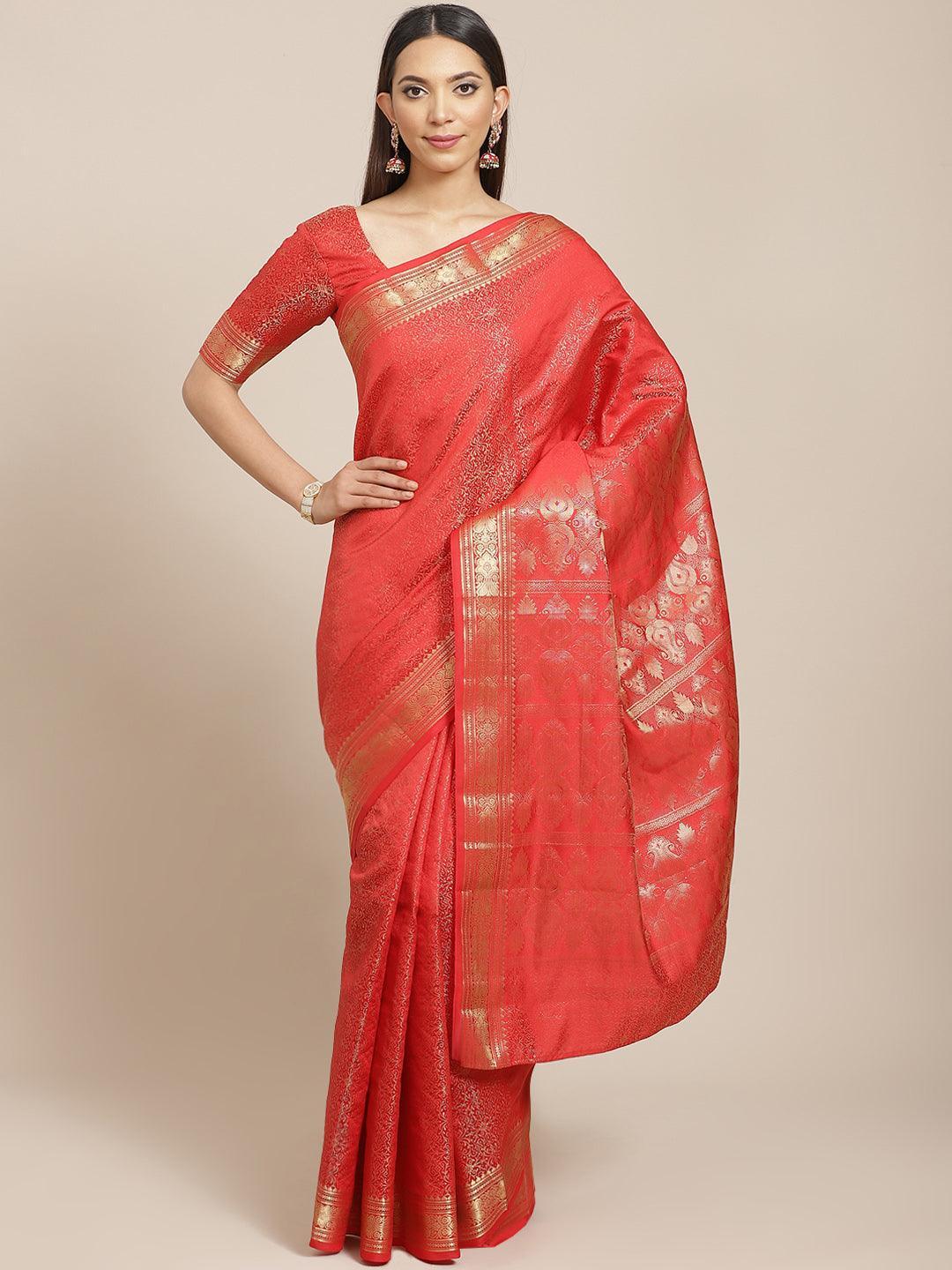 Red Woven Design Brocade Saree