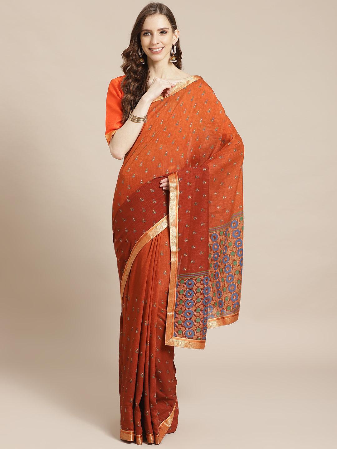 Brown Printed Polyester Saree - ShopLibas