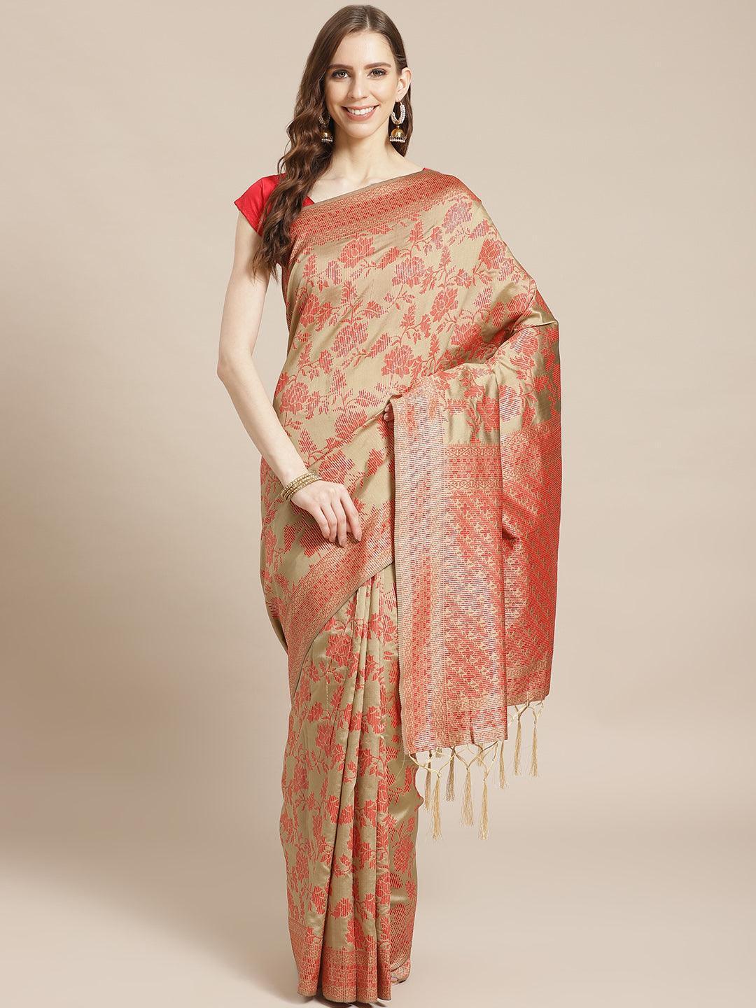 Beige Woven Design Brocade Saree - ShopLibas