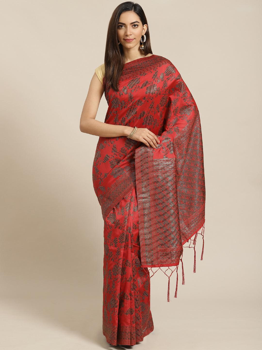 Maroon Woven Design Brocade Saree - ShopLibas