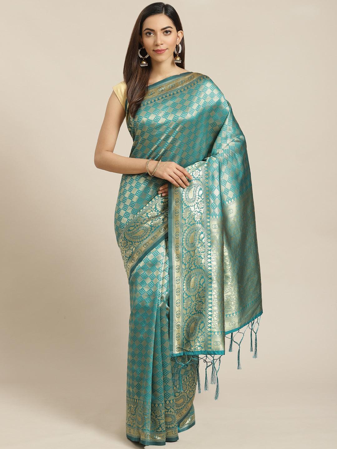 Teal Woven Design Brocade Saree