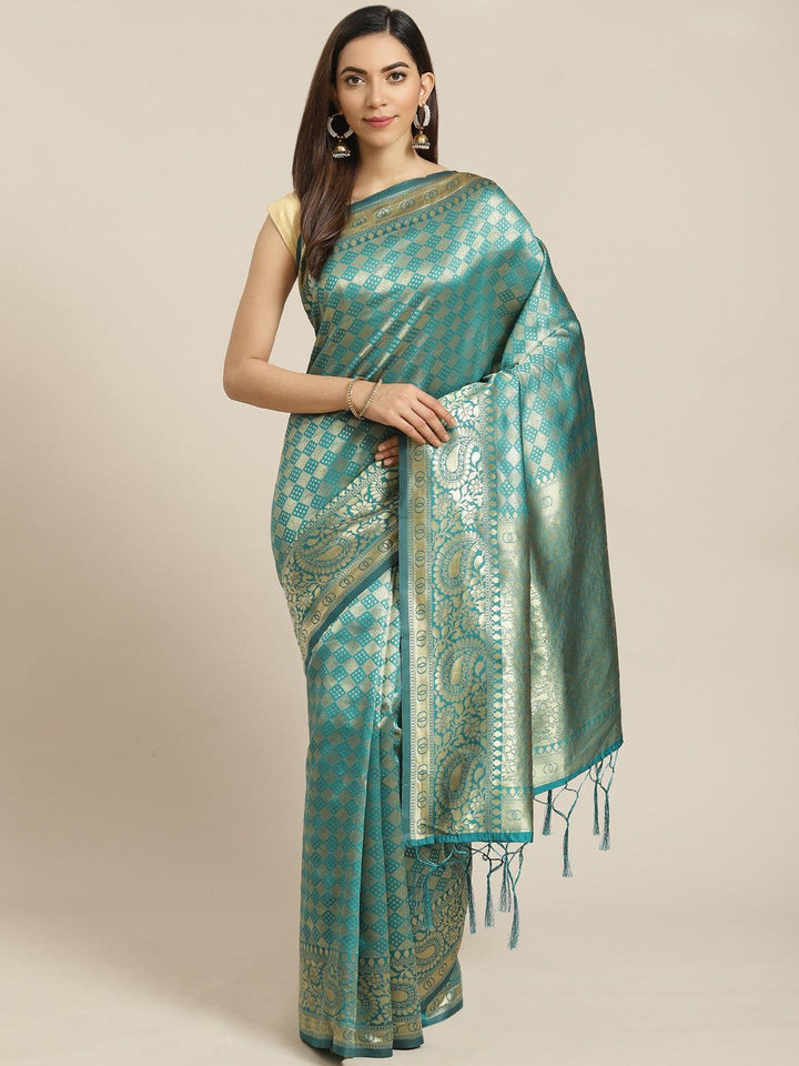 Teal Woven Design Brocade Saree - ShopLibas