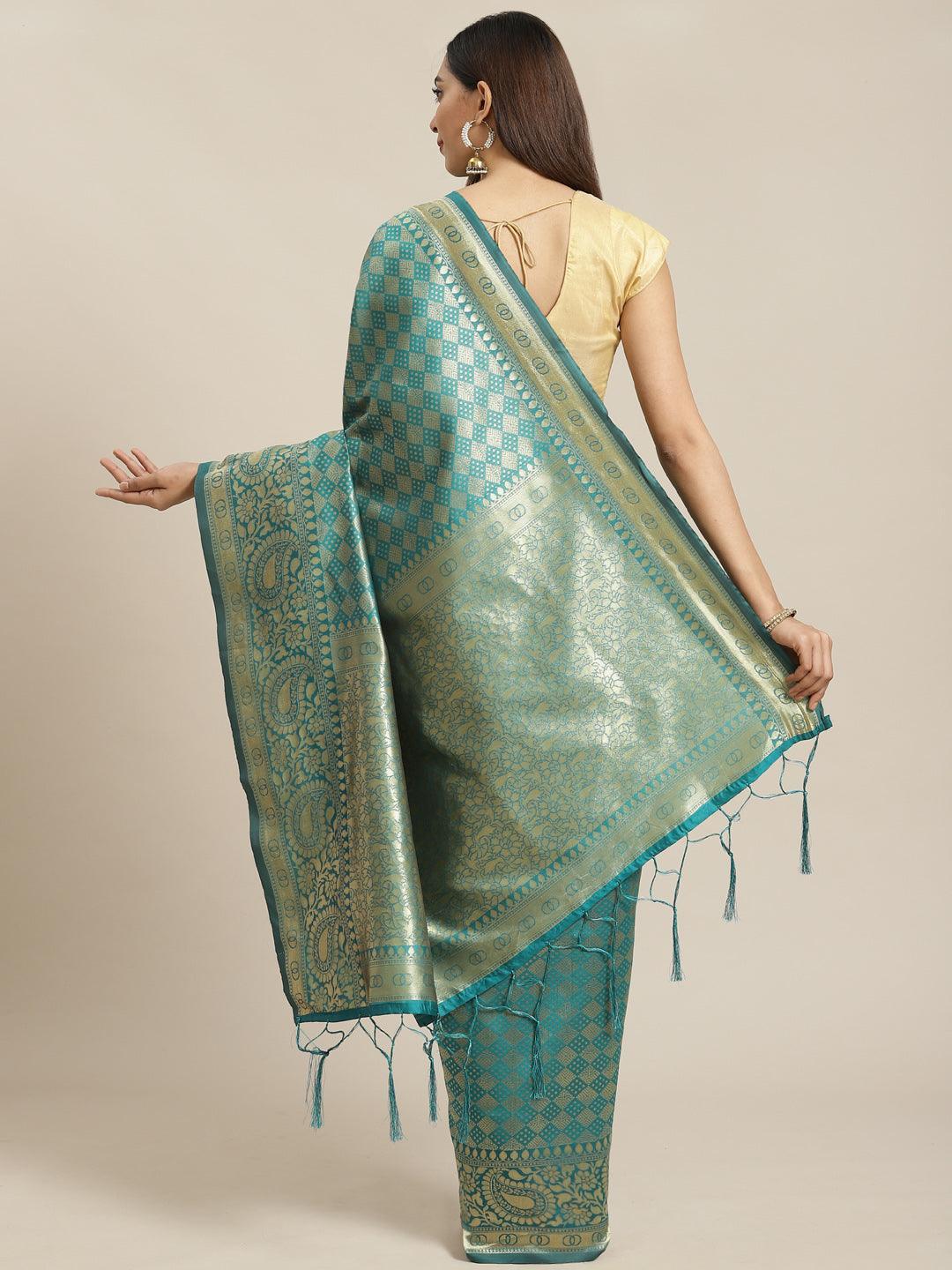 Teal Woven Design Brocade Saree