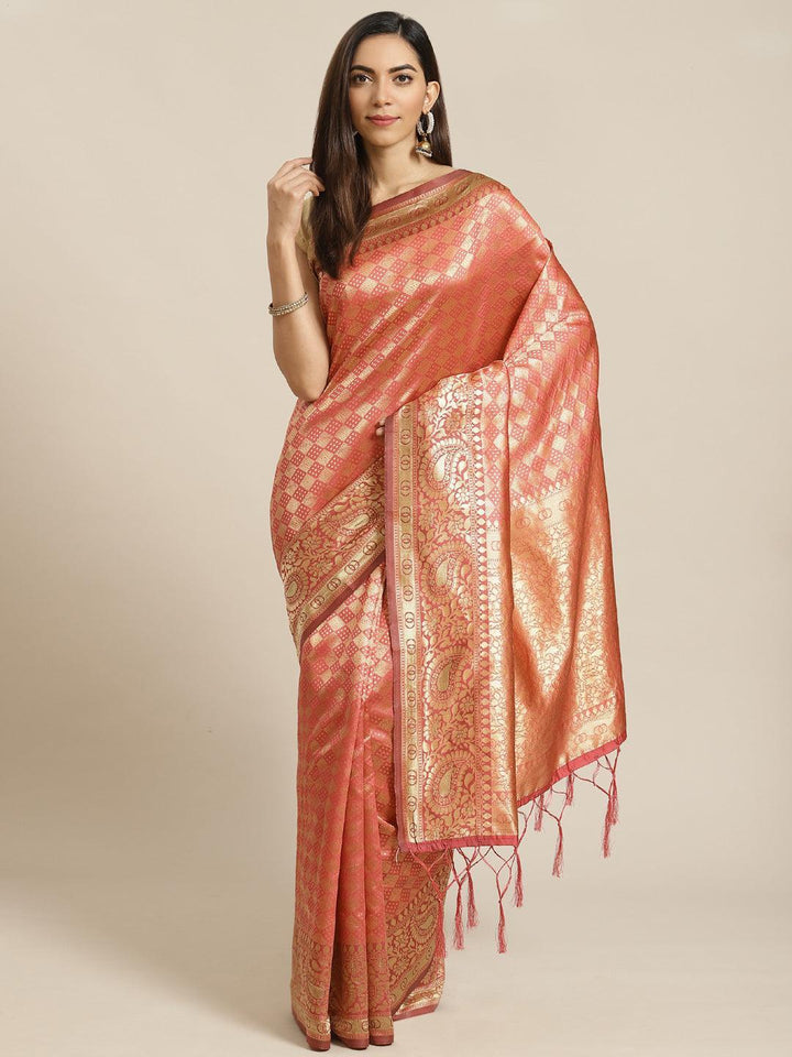 Orange Woven Design Brocade Saree - ShopLibas