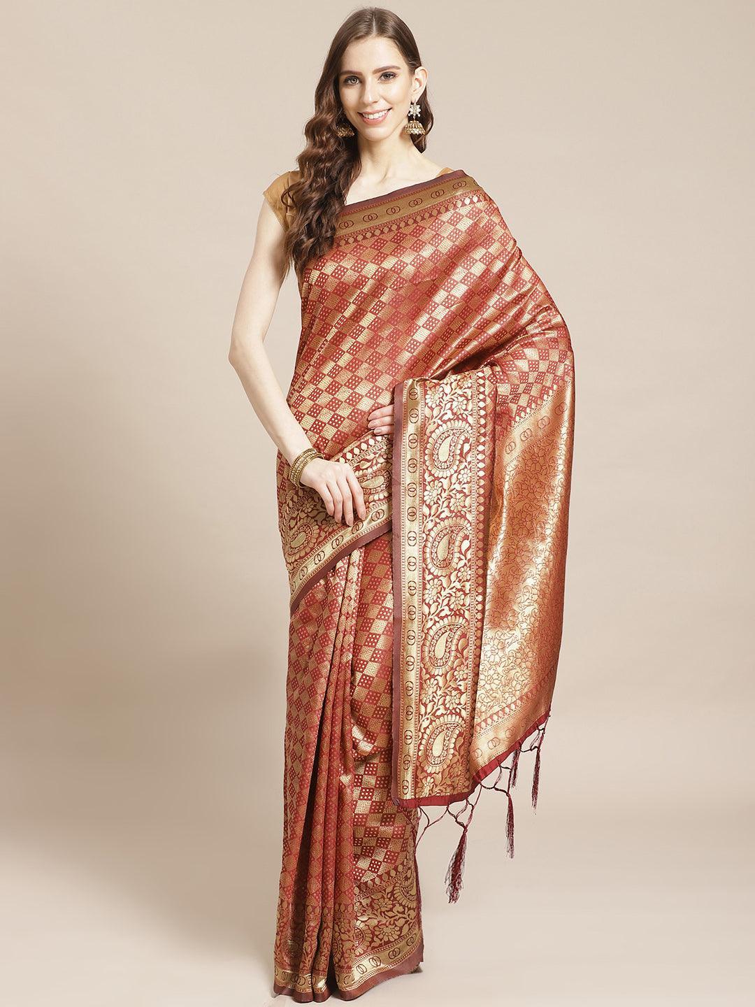 Maroon Woven Design Brocade Saree - ShopLibas