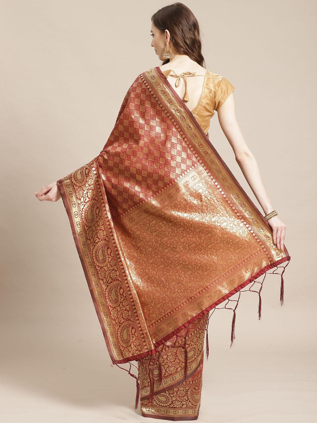 Maroon Woven Design Brocade Saree - ShopLibas