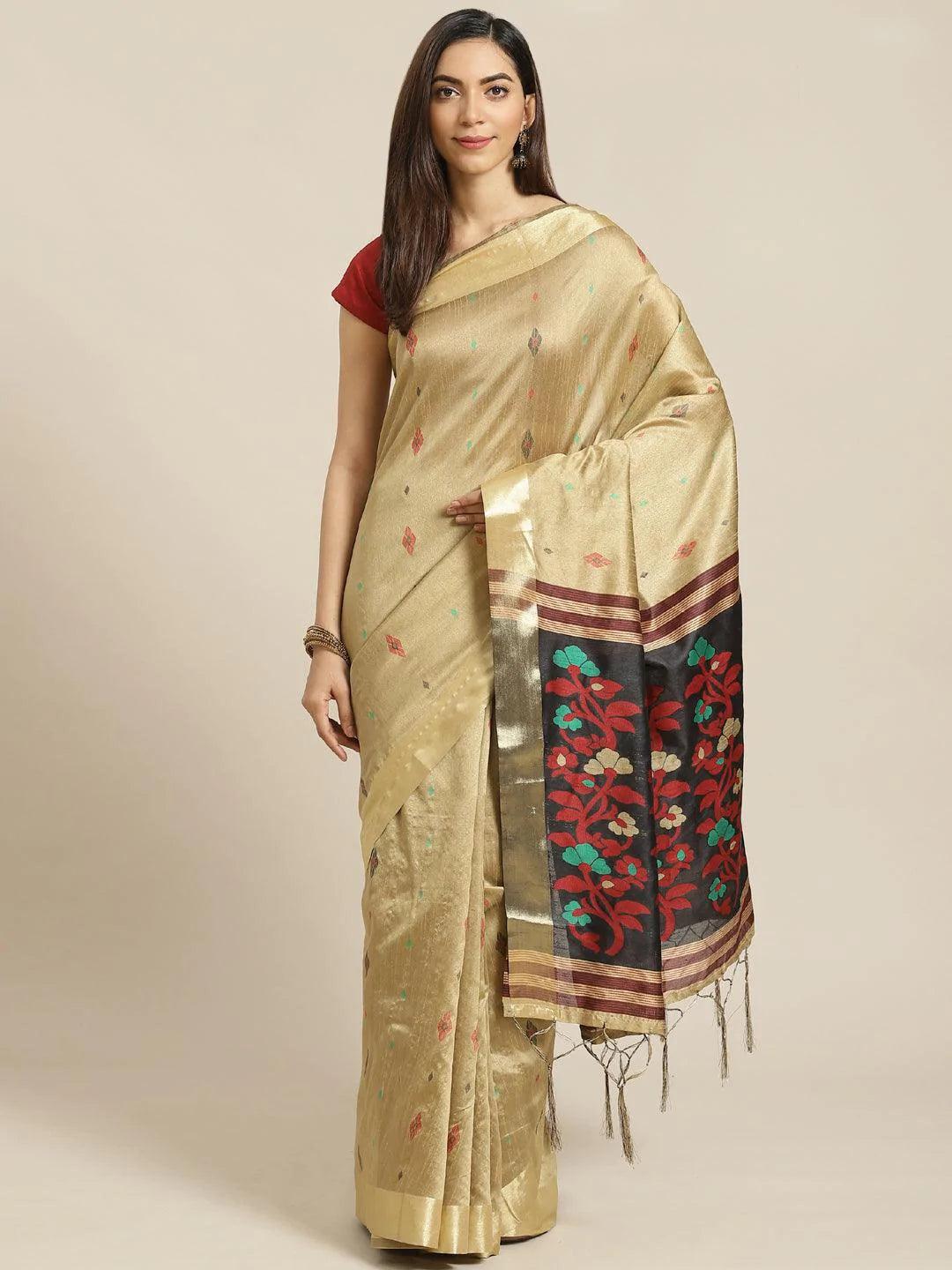 Beige Woven Design Brocade Saree - ShopLibas