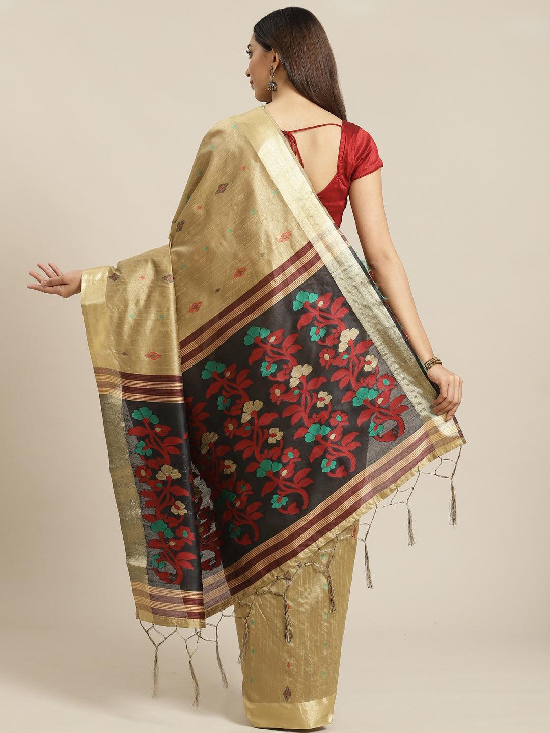 Beige Woven Design Brocade Saree - ShopLibas