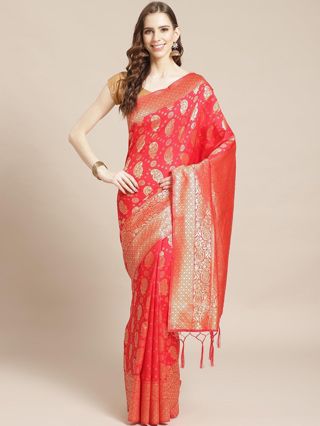 Red Woven Design Brocade Saree - ShopLibas