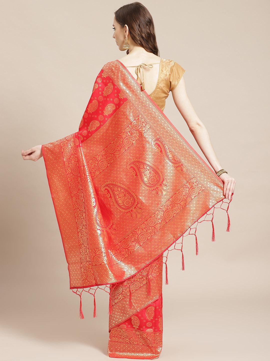 Red Woven Design Brocade Saree - ShopLibas