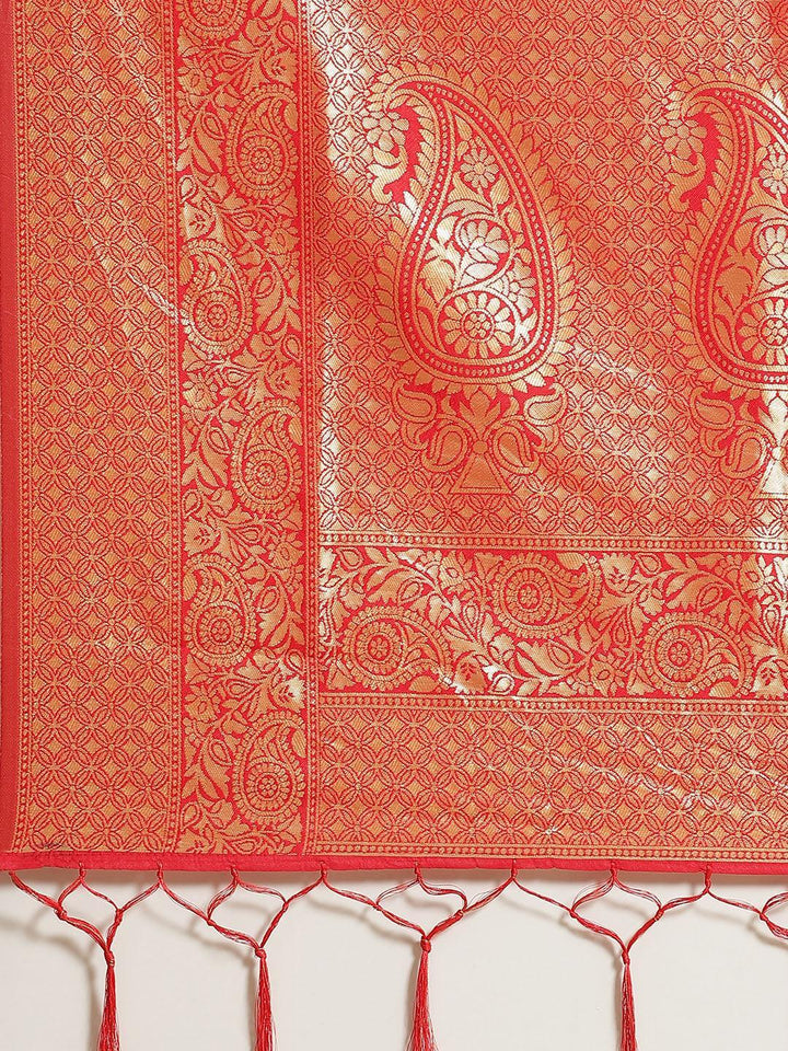 Red Woven Design Brocade Saree - ShopLibas