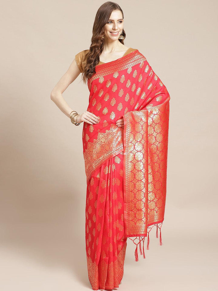 Red Woven Design Brocade Saree - ShopLibas