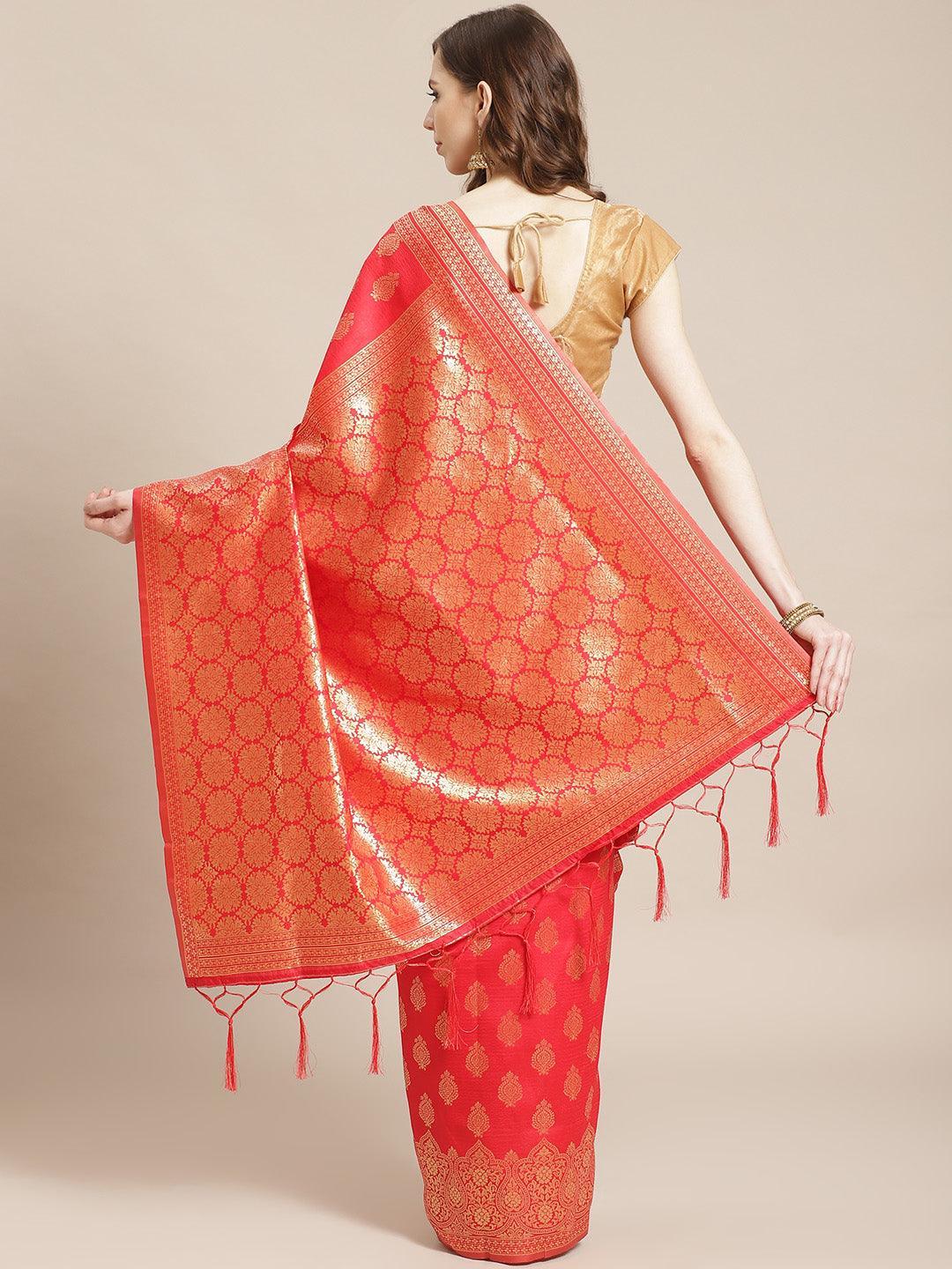 Red Woven Design Brocade Saree - ShopLibas