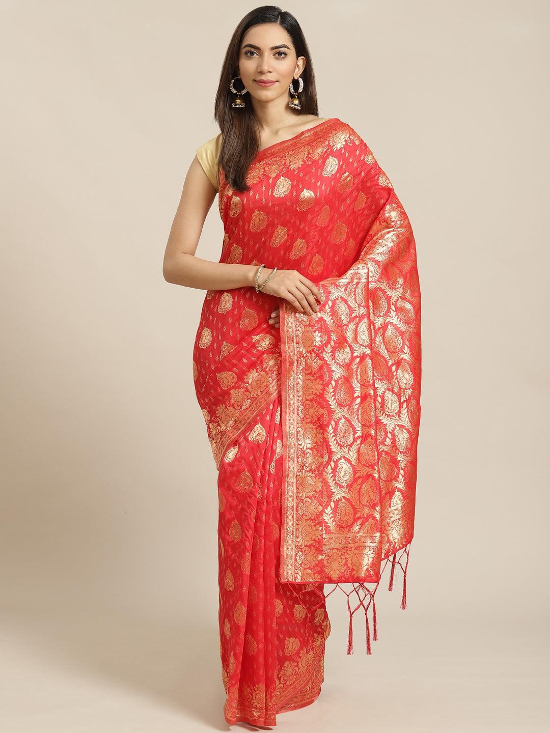 Red Woven Design Brocade Saree - ShopLibas