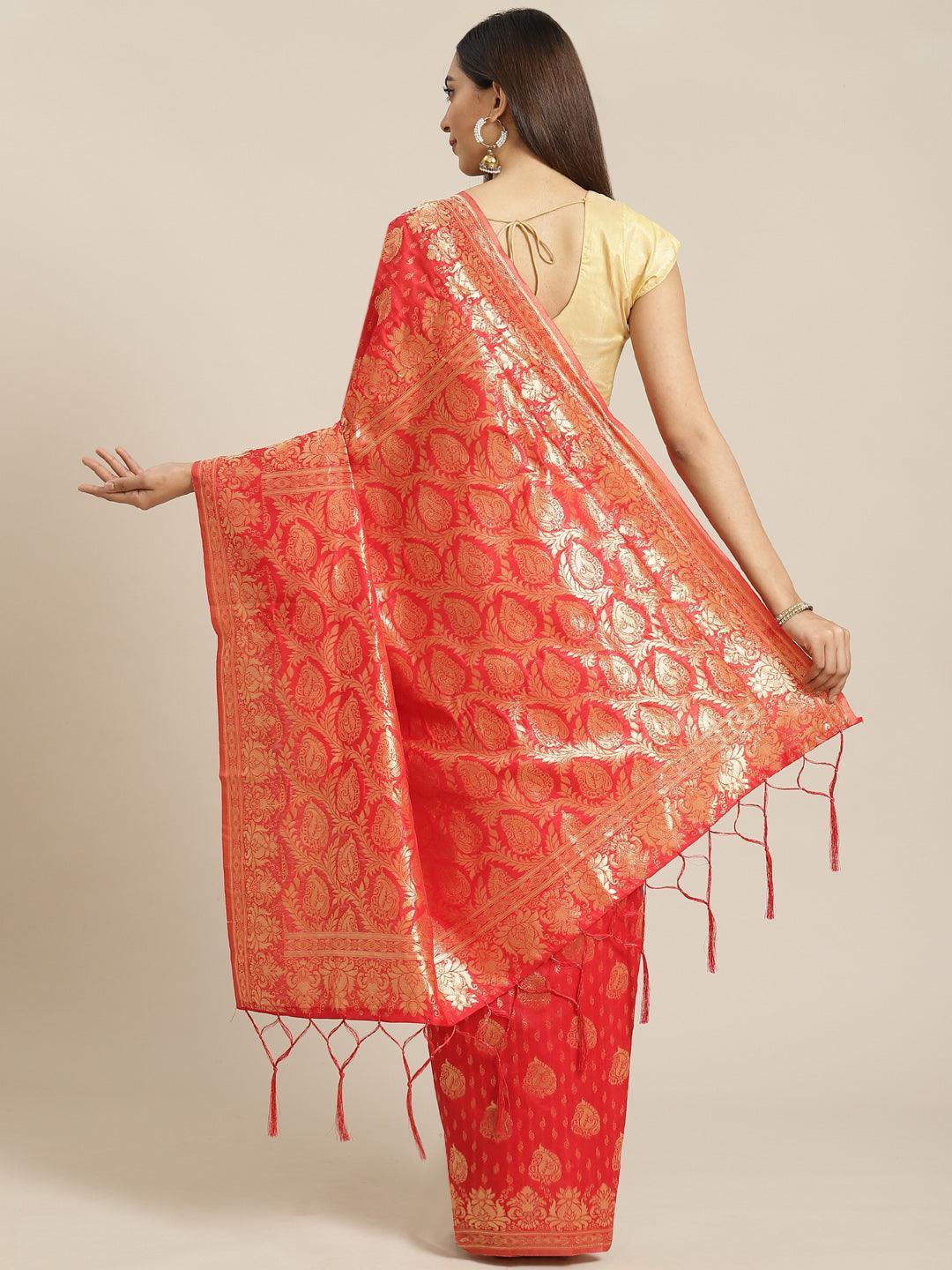 Red Woven Design Brocade Saree - ShopLibas