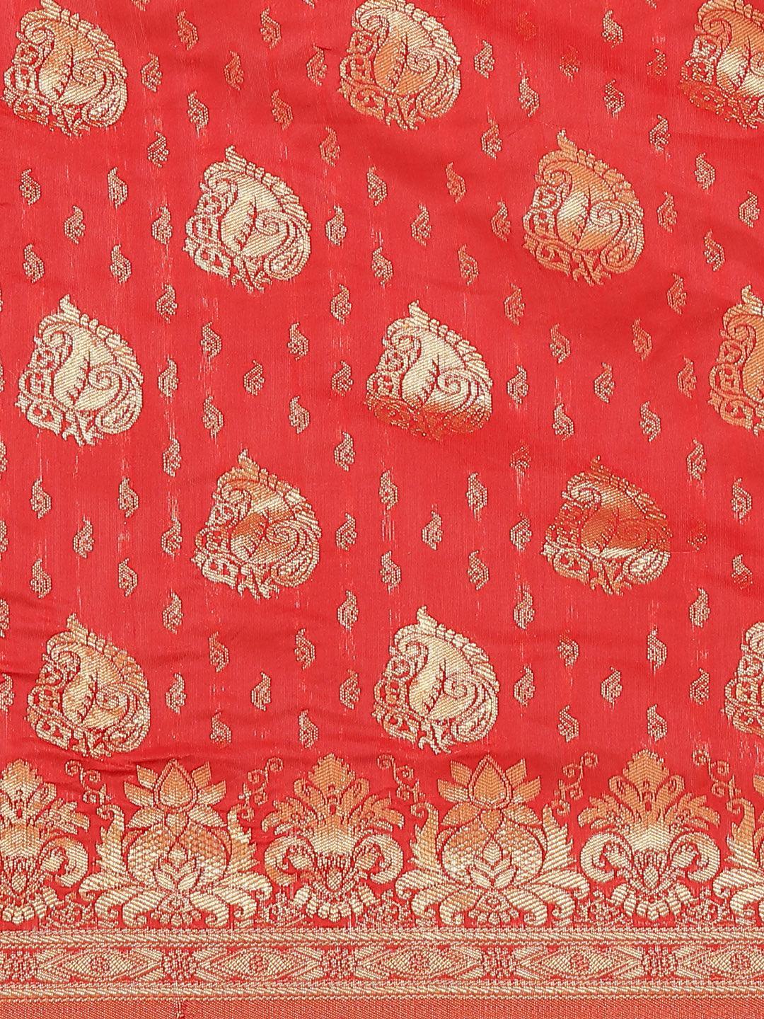 Red Woven Design Brocade Saree - ShopLibas