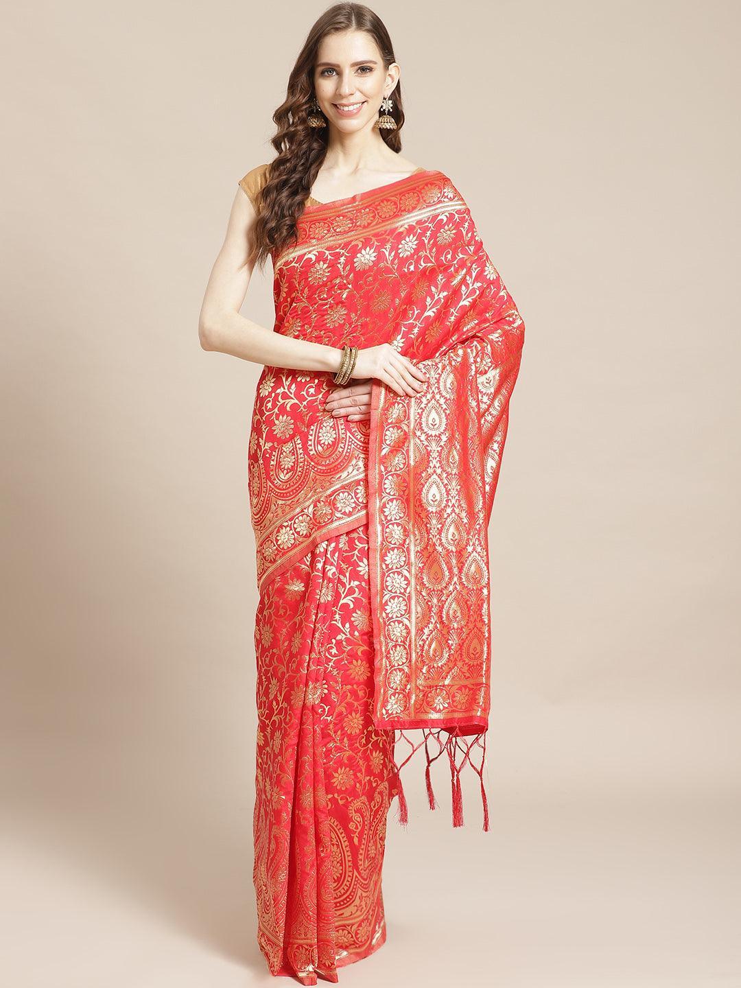 Red Woven Design Brocade Saree - ShopLibas