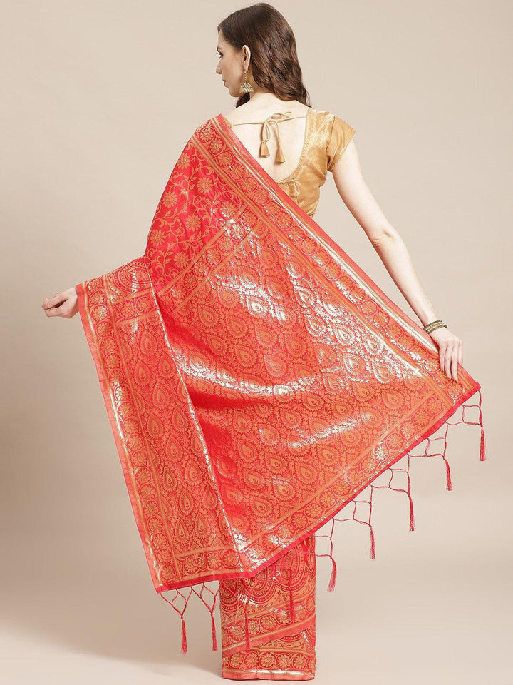 Red Woven Design Brocade Saree - ShopLibas