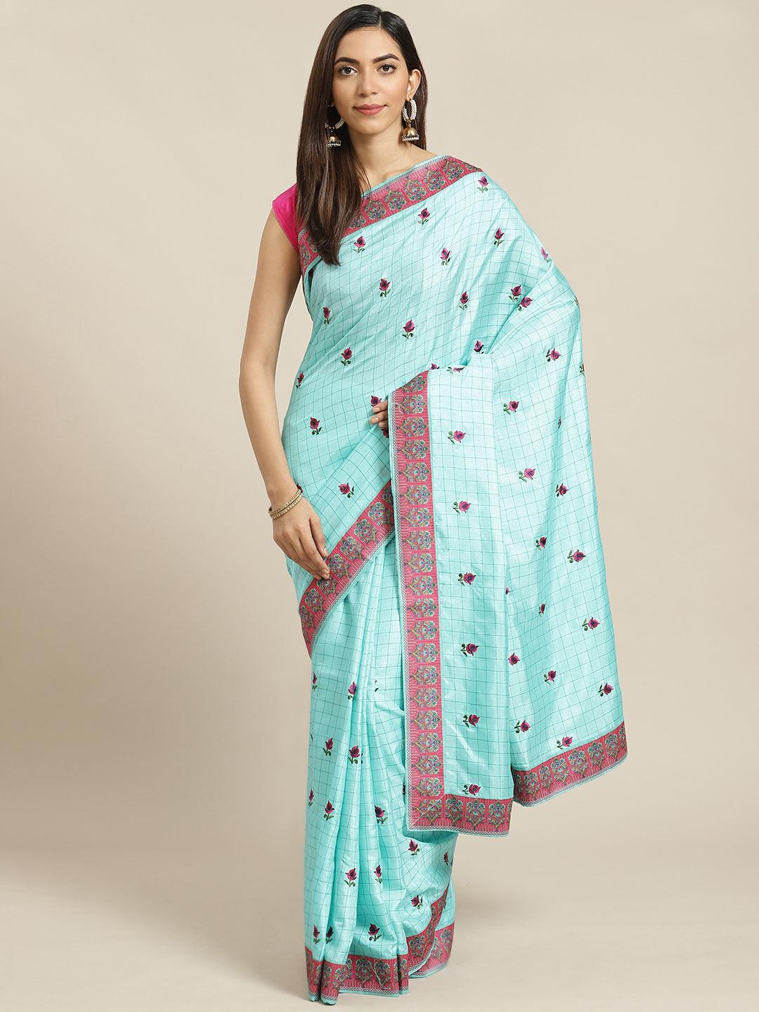 Turquoise Blue Embroidered Crepe Saree