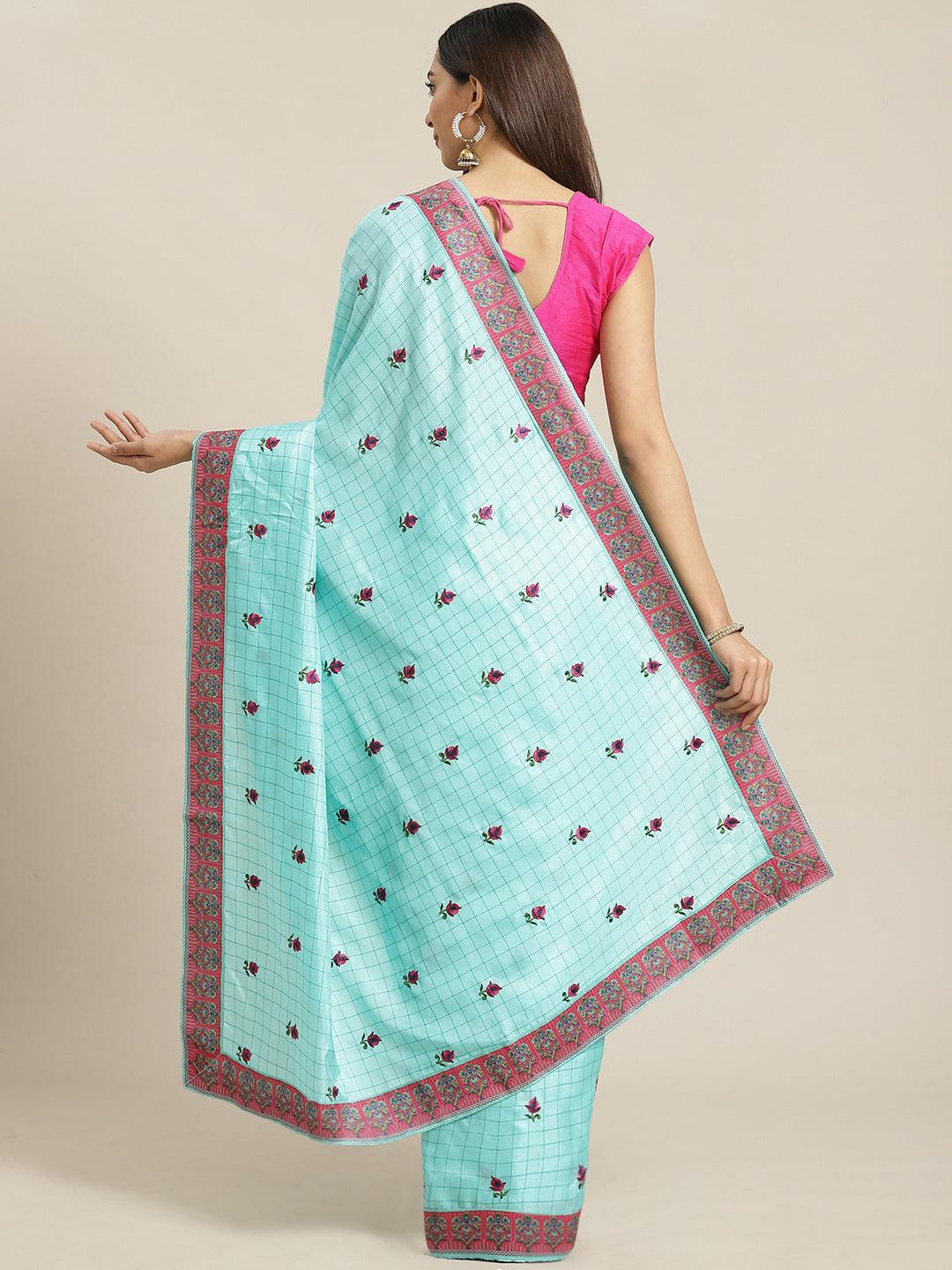 Turquoise Blue Embroidered Crepe Saree