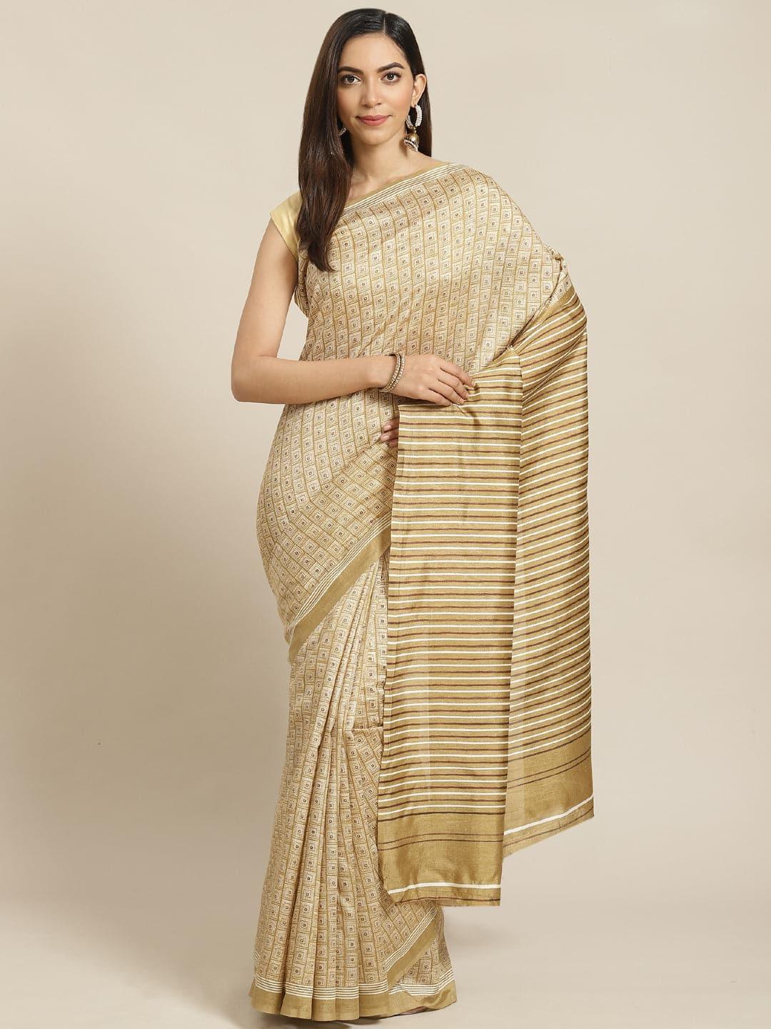 Beige Printed Cotton Silk Saree - ShopLibas