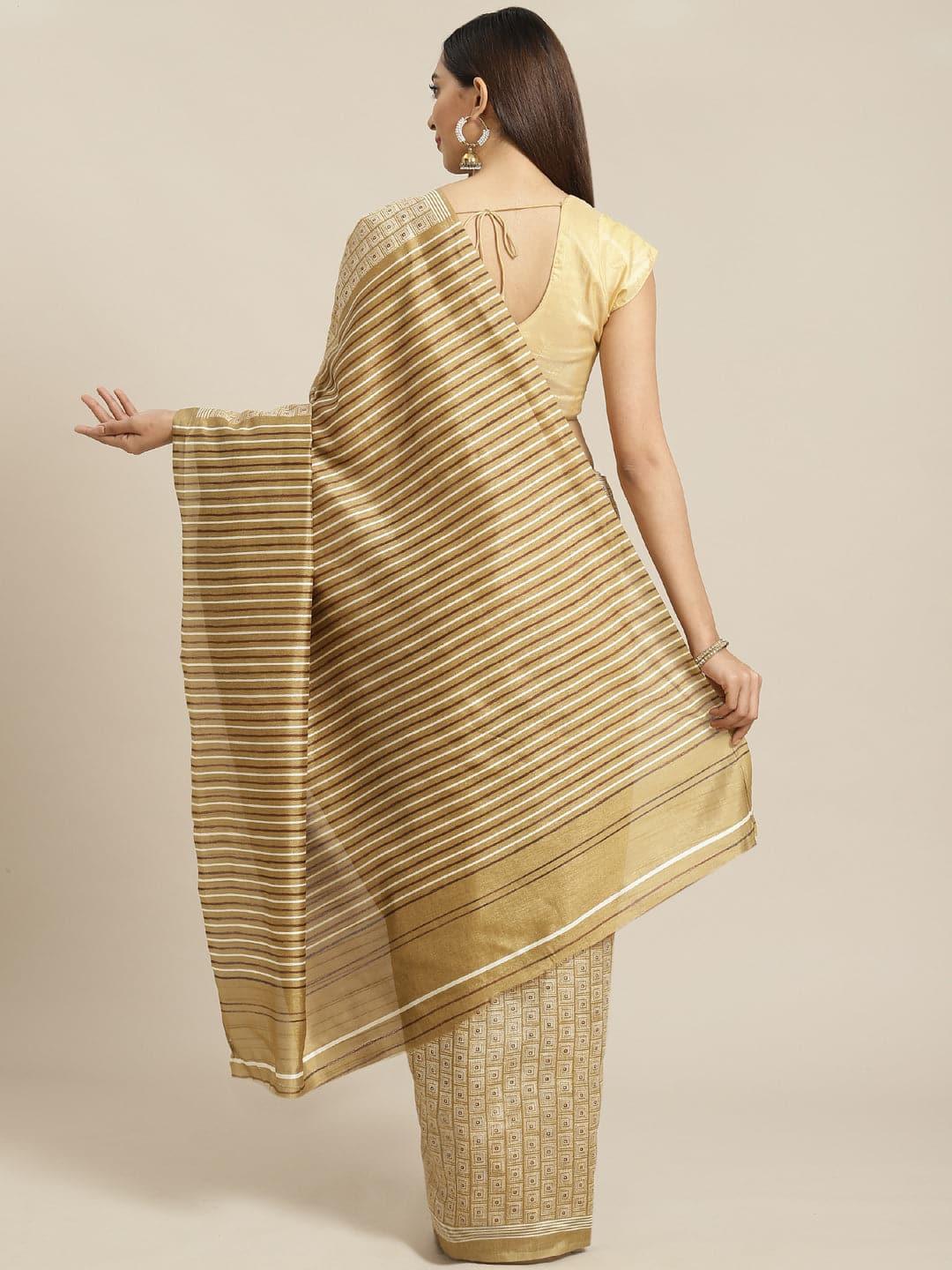 Beige Printed Cotton Silk Saree - ShopLibas