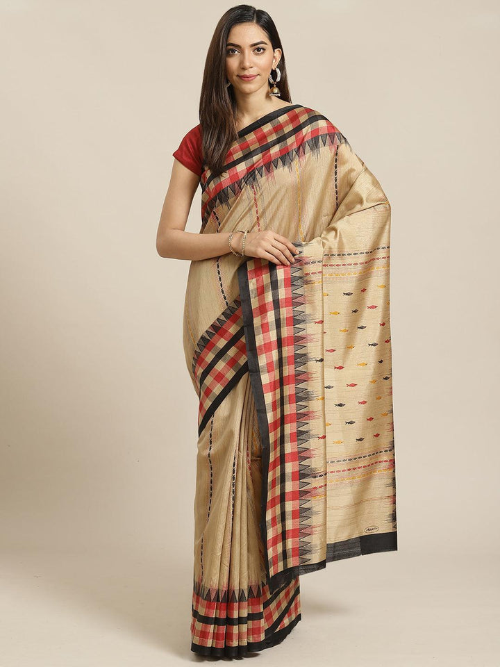 Beige Printed Cotton Silk Saree - ShopLibas