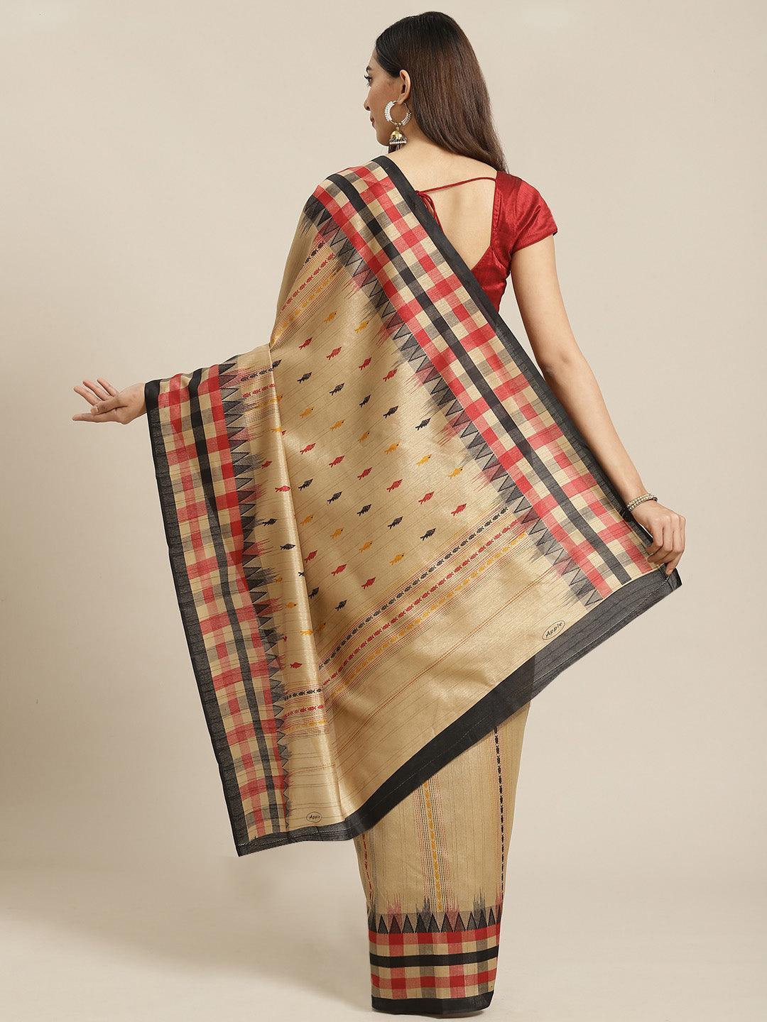 Beige Printed Cotton Silk Saree - ShopLibas