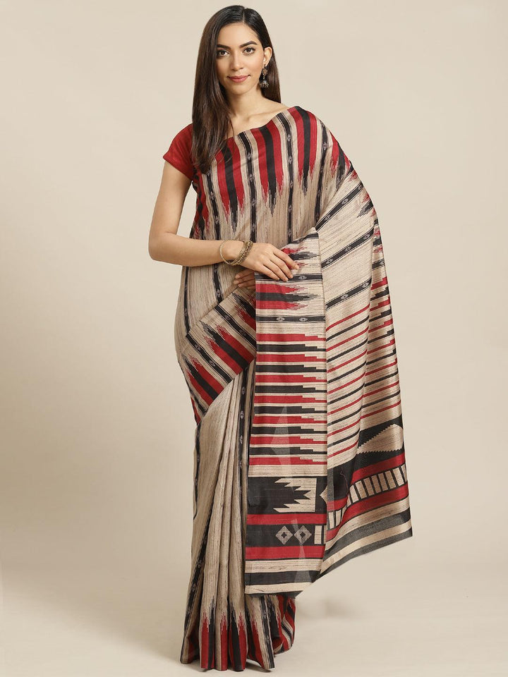 Beige Printed Cotton Silk Saree - ShopLibas