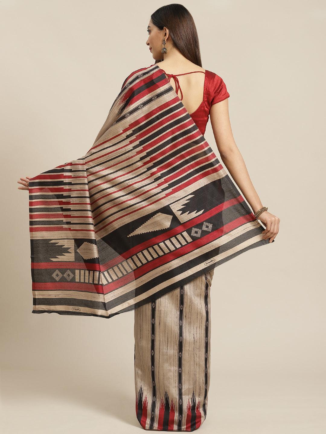 Beige Printed Cotton Silk Saree - ShopLibas