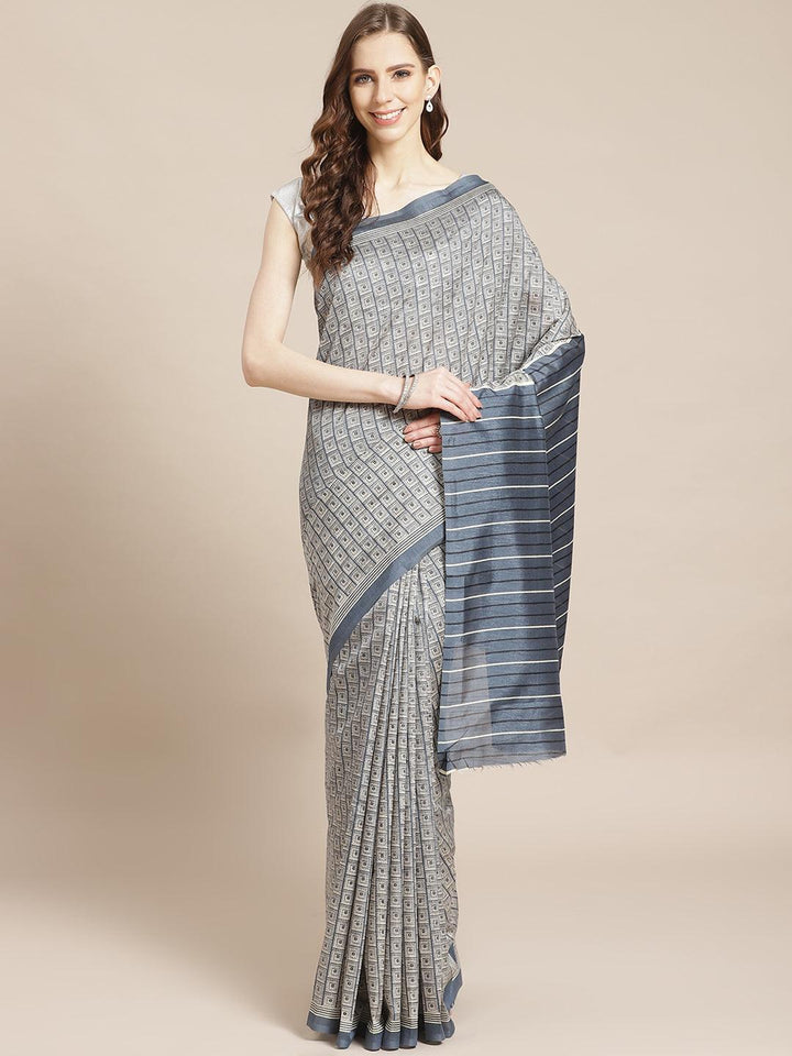 Grey Printed Cotton Silk Saree - ShopLibas